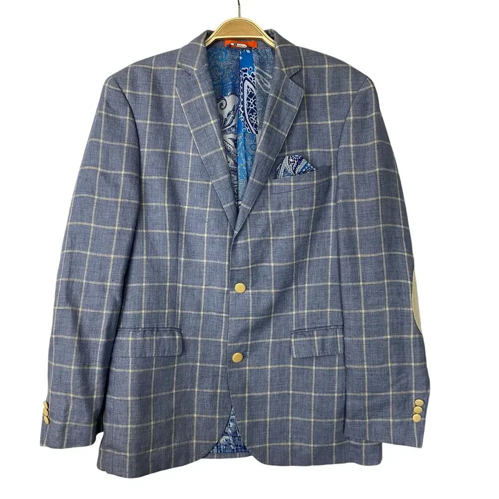 Tallia Mens Windowpane Plaid Elbow Patch Linen Blazer Sport Coat 38R Blue Check - Picture 2 of 14